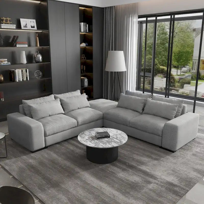 Divano angolare a L in lino largo 150 cm, divano sezionale moderno a 5 posti imbottito in piuma con pouf