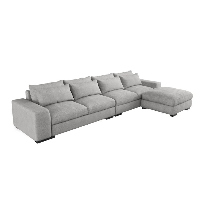 Divano angolare a L in lino largo 150 cm, divano sezionale moderno a 5 posti imbottito in piuma con pouf