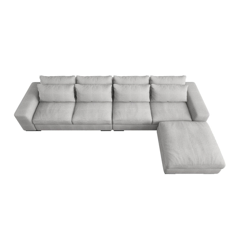 Divano angolare a L in lino largo 150 cm, divano sezionale moderno a 5 posti imbottito in piuma con pouf