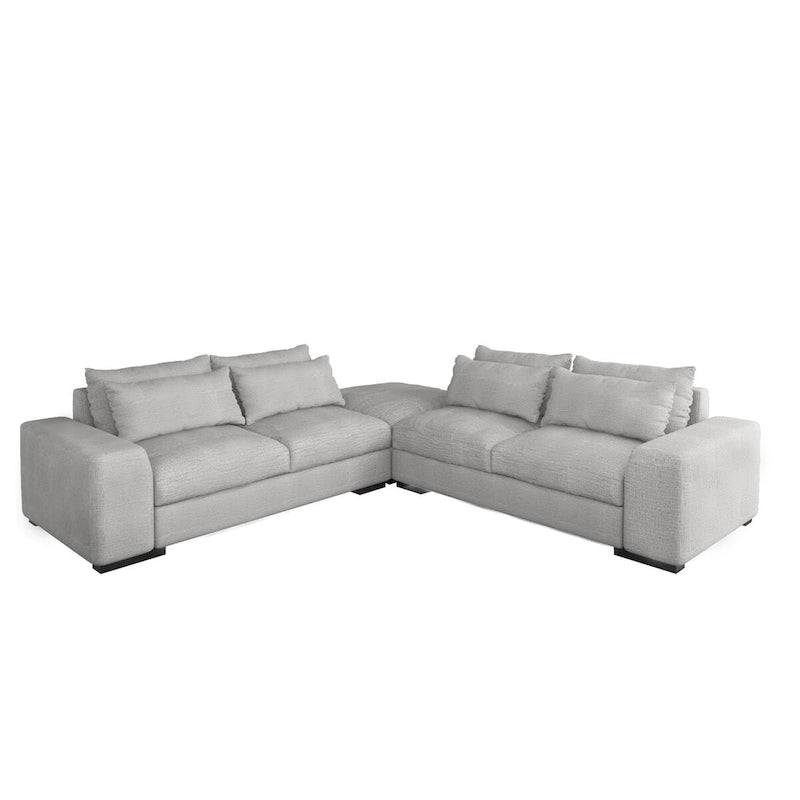 Divano angolare a L in lino largo 150 cm, divano sezionale moderno a 5 posti imbottito in piuma con pouf