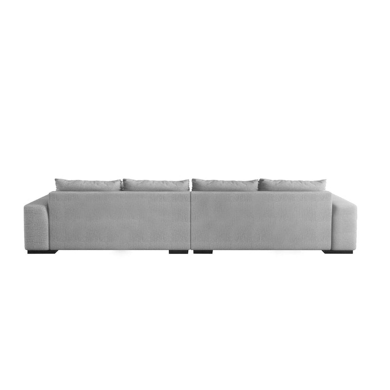 Divano angolare a L in lino largo 150 cm, divano sezionale moderno a 5 posti imbottito in piuma con pouf