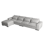 Divano angolare a L in lino largo 150 cm, divano sezionale moderno a 5 posti imbottito in piuma con pouf