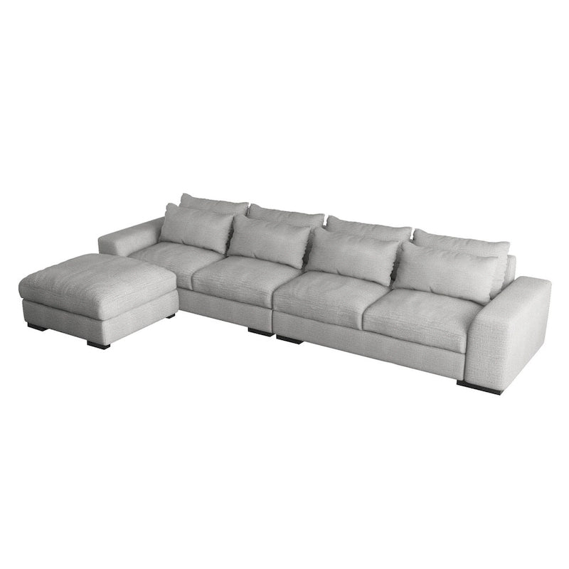 Divano angolare a L in lino largo 150 cm, divano sezionale moderno a 5 posti imbottito in piuma con pouf