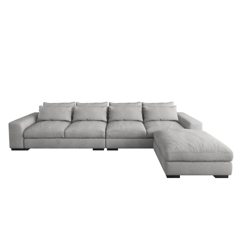 Divano angolare a L in lino largo 150 cm, divano sezionale moderno a 5 posti imbottito in piuma con pouf