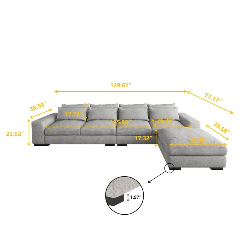 Divano angolare a L in lino largo 150 cm, divano sezionale moderno a 5 posti imbottito in piuma con pouf