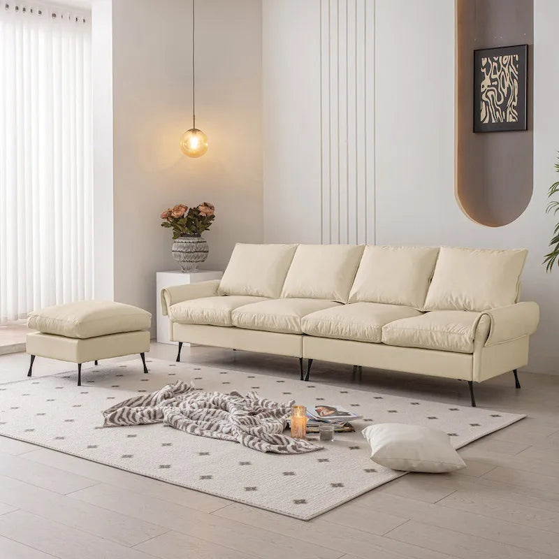 Canapé d'angle moderne en similicuir avec pouf convertible