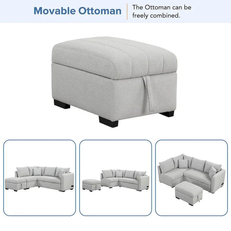 Divano Letto Estraibile a L con USB, Prese di Corrente e Pouf Contenitore Mobile, Grigio