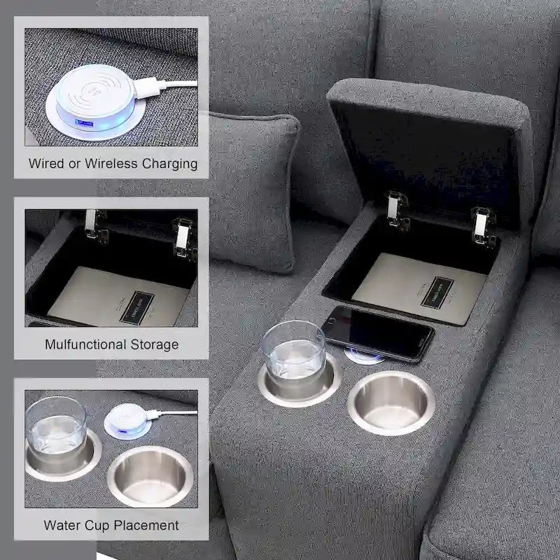 Divano moderno imbottito in tessuto di lino con consolle, 4 cuscini, portabicchieri, USB