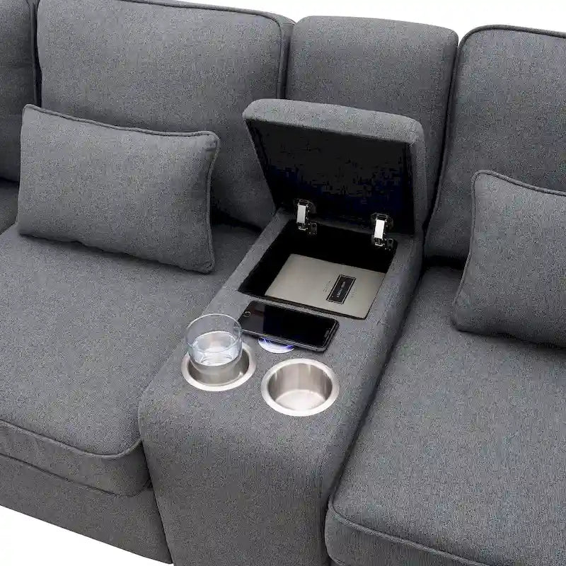 Divano moderno imbottito in tessuto di lino con consolle, 4 cuscini, portabicchieri, USB