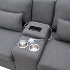 Divano moderno imbottito in tessuto di lino con consolle, 4 cuscini, portabicchieri, USB