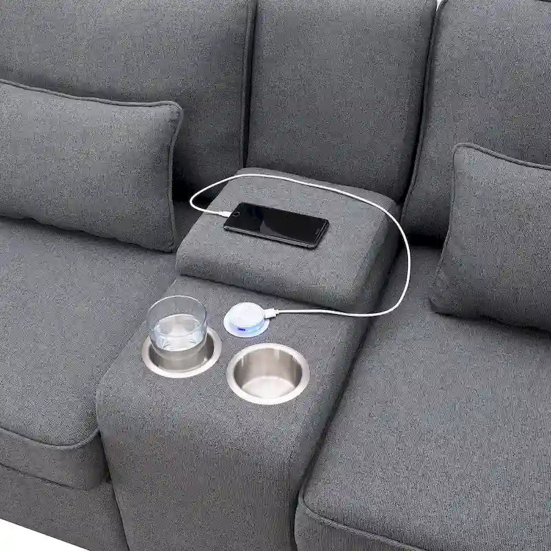 Divano moderno imbottito in tessuto di lino con consolle, 4 cuscini, portabicchieri, USB