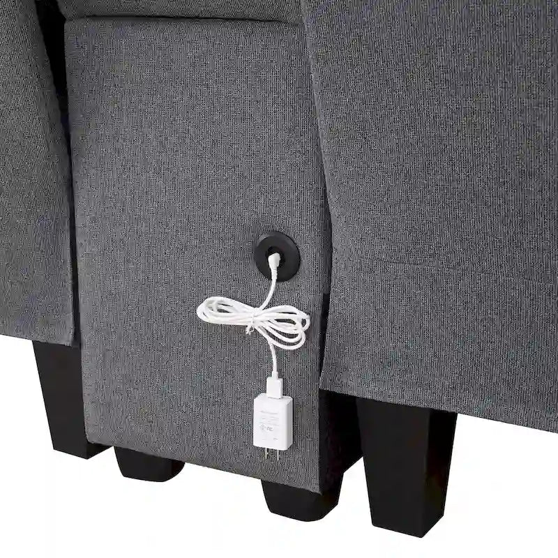 Divano moderno imbottito in tessuto di lino con consolle, 4 cuscini, portabicchieri, USB