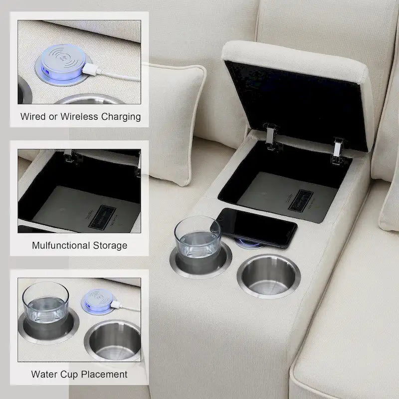 Divano moderno imbottito in tessuto di lino con consolle, 4 cuscini, portabicchieri, USB