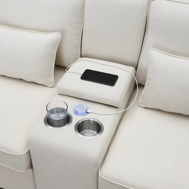 Divano moderno imbottito in tessuto di lino con consolle, 4 cuscini, portabicchieri, USB