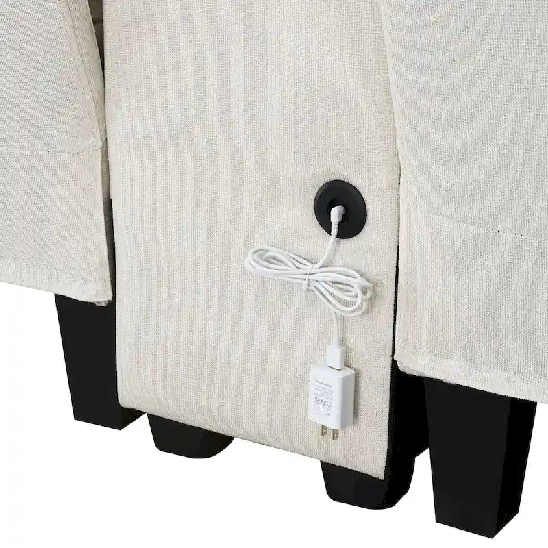 Divano moderno imbottito in tessuto di lino con consolle, 4 cuscini, portabicchieri, USB