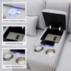 Divano moderno imbottito in tessuto di lino con consolle, 4 cuscini, portabicchieri, USB