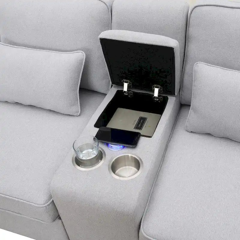 Divano moderno imbottito in tessuto di lino con consolle, 4 cuscini, portabicchieri, USB