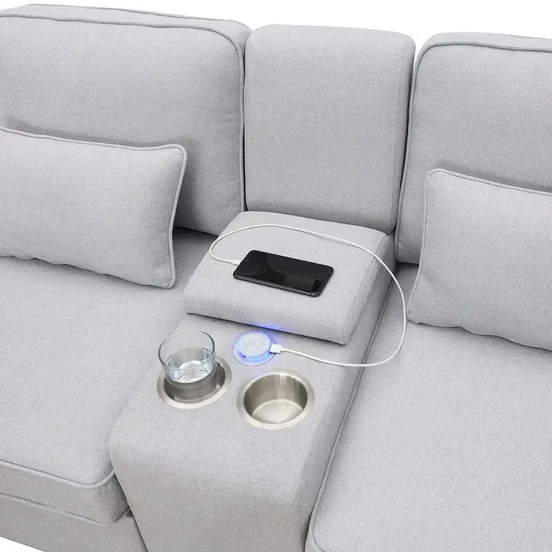 Divano moderno imbottito in tessuto di lino con consolle, 4 cuscini, portabicchieri, USB