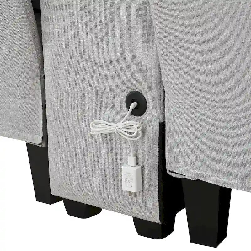 Divano moderno imbottito in tessuto di lino con consolle, 4 cuscini, portabicchieri, USB