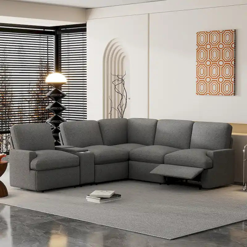 104 Canapé d'angle inclinable électrique Sectionnel de cinéma maison Canapé inclinable avec boîte de rangement, porte-gobelets, ports USB et prise de courant