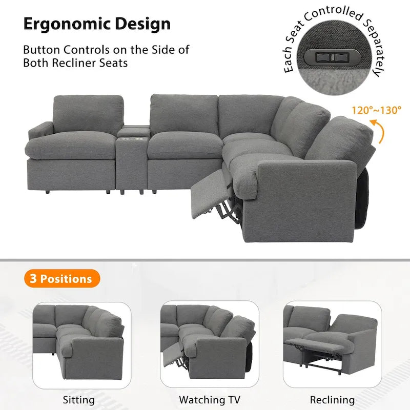 104 Canapé d'angle inclinable électrique Sectionnel de cinéma maison Canapé inclinable avec boîte de rangement, porte-gobelets, ports USB et prise de courant
