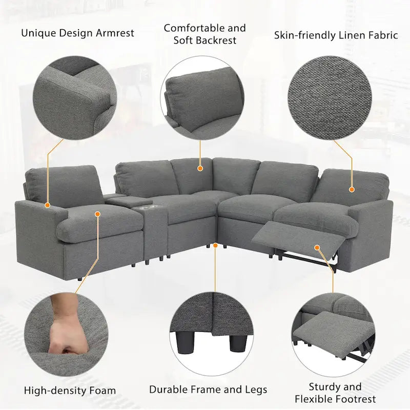 104 Canapé d'angle inclinable électrique Sectionnel de cinéma maison Canapé inclinable avec boîte de rangement, porte-gobelets, ports USB et prise de courant
