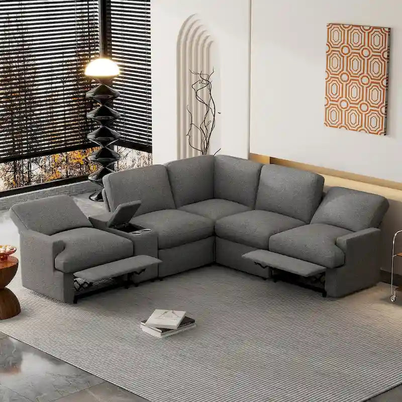 104 Canapé d'angle inclinable électrique Sectionnel de cinéma maison Canapé inclinable avec boîte de rangement, porte-gobelets, ports USB et prise de courant