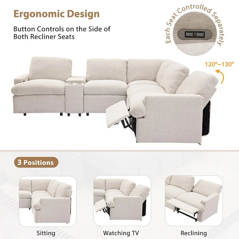 104 Canapé d'angle inclinable électrique Sectionnel de cinéma maison Canapé inclinable avec boîte de rangement, porte-gobelets, ports USB et prise de courant