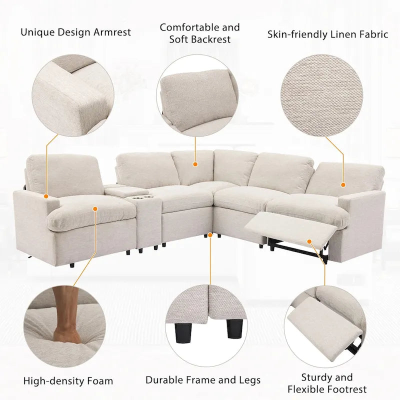 104 Canapé d'angle inclinable électrique Sectionnel de cinéma maison Canapé inclinable avec boîte de rangement, porte-gobelets, ports USB et prise de courant