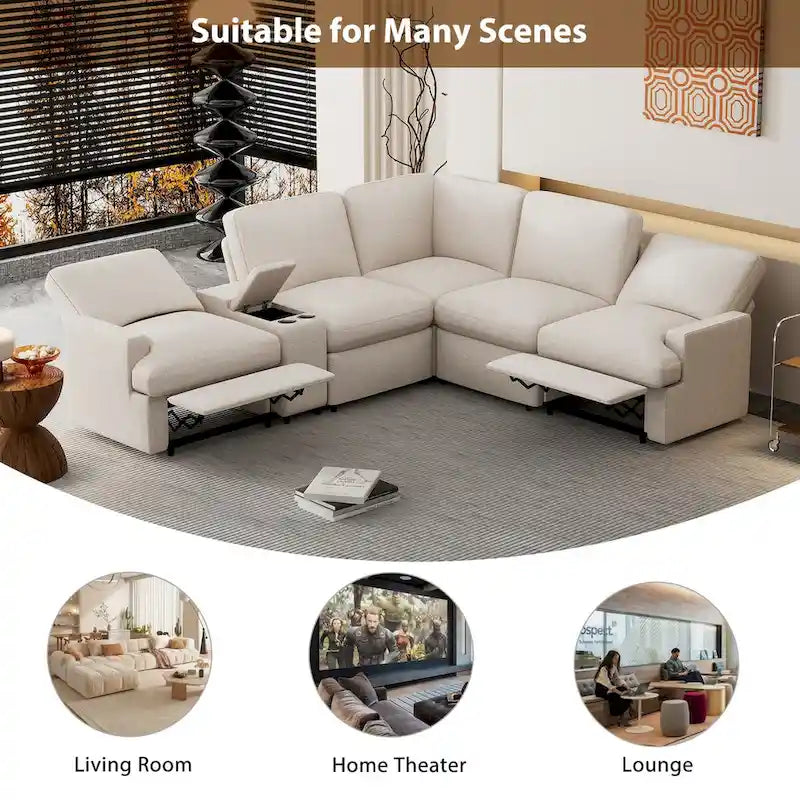 104 Canapé d'angle inclinable électrique Sectionnel de cinéma maison Canapé inclinable avec boîte de rangement, porte-gobelets, ports USB et prise de courant