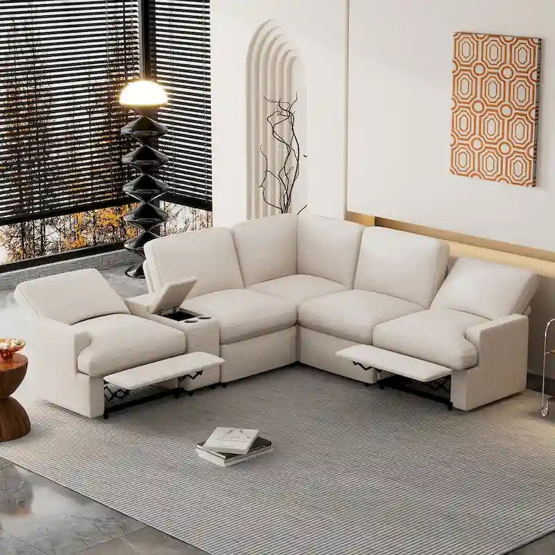 104 Canapé d'angle inclinable électrique Sectionnel de cinéma maison Canapé inclinable avec boîte de rangement, porte-gobelets, ports USB et prise de courant