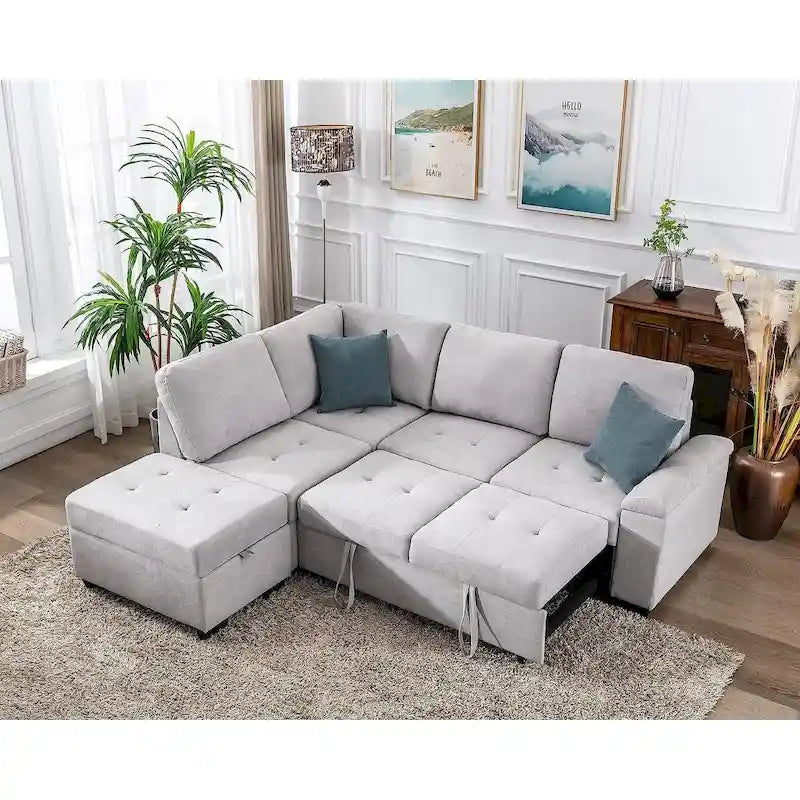 Divano Letto Sezionale in Velluto a L da 87.4 pollici, Divano Letto a 5 Posti con 2 Porte USB, Pouf Contenitore e Bracciolo con Vano Nascosto
