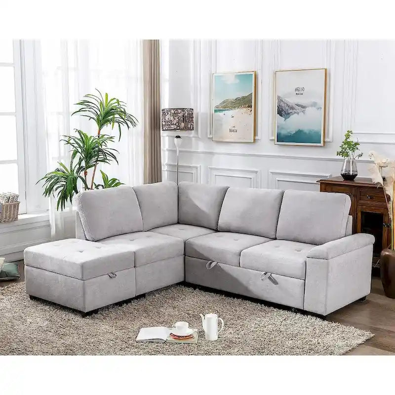 Divano Letto Sezionale in Velluto a L da 87.4 pollici, Divano Letto a 5 Posti con 2 Porte USB, Pouf Contenitore e Bracciolo con Vano Nascosto