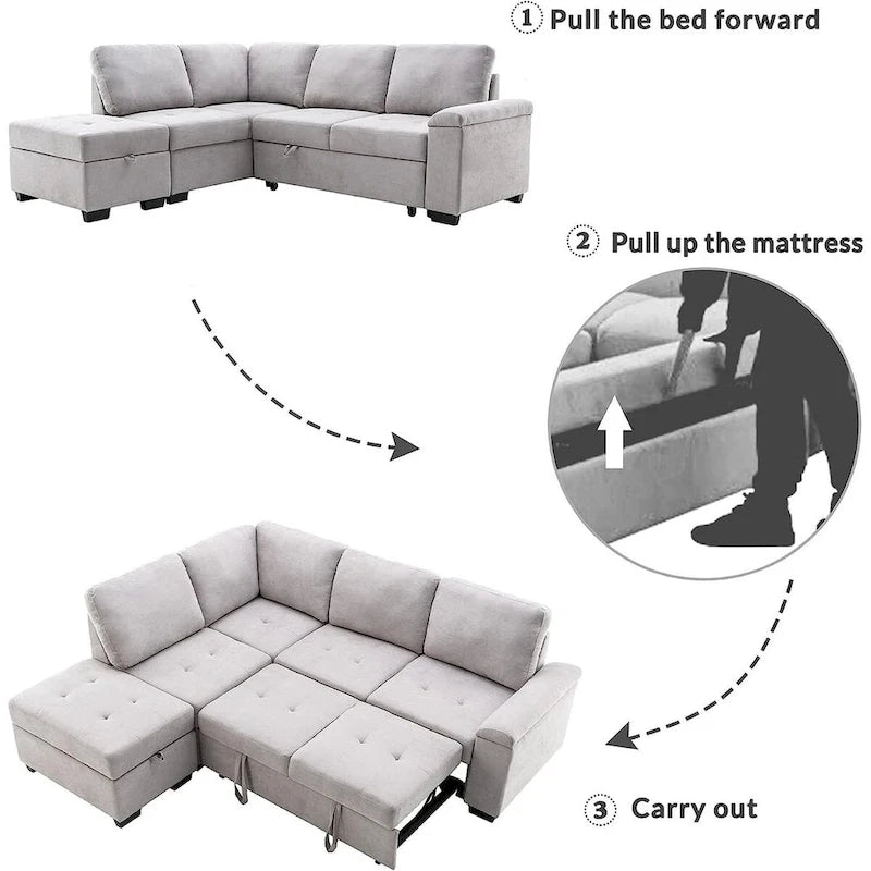 Divano Letto Sezionale in Velluto a L da 87.4 pollici, Divano Letto a 5 Posti con 2 Porte USB, Pouf Contenitore e Bracciolo con Vano Nascosto