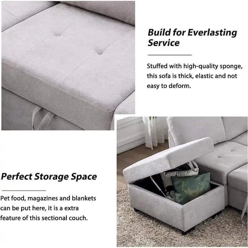 Divano Letto Sezionale in Velluto a L da 87.4 pollici, Divano Letto a 5 Posti con 2 Porte USB, Pouf Contenitore e Bracciolo con Vano Nascosto