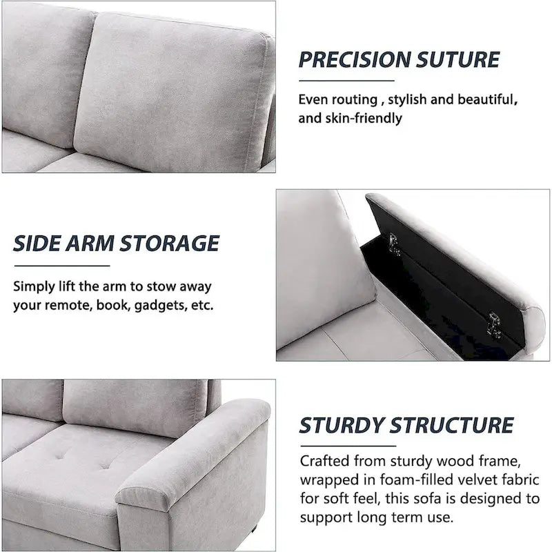 Divano Letto Sezionale in Velluto a L da 87.4 pollici, Divano Letto a 5 Posti con 2 Porte USB, Pouf Contenitore e Bracciolo con Vano Nascosto