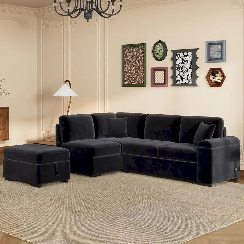 Divano Letto Sezionale in Velluto a L da 87.4 pollici, Divano Letto a 5 Posti con 2 Porte USB, Pouf Contenitore e Bracciolo con Vano Nascosto