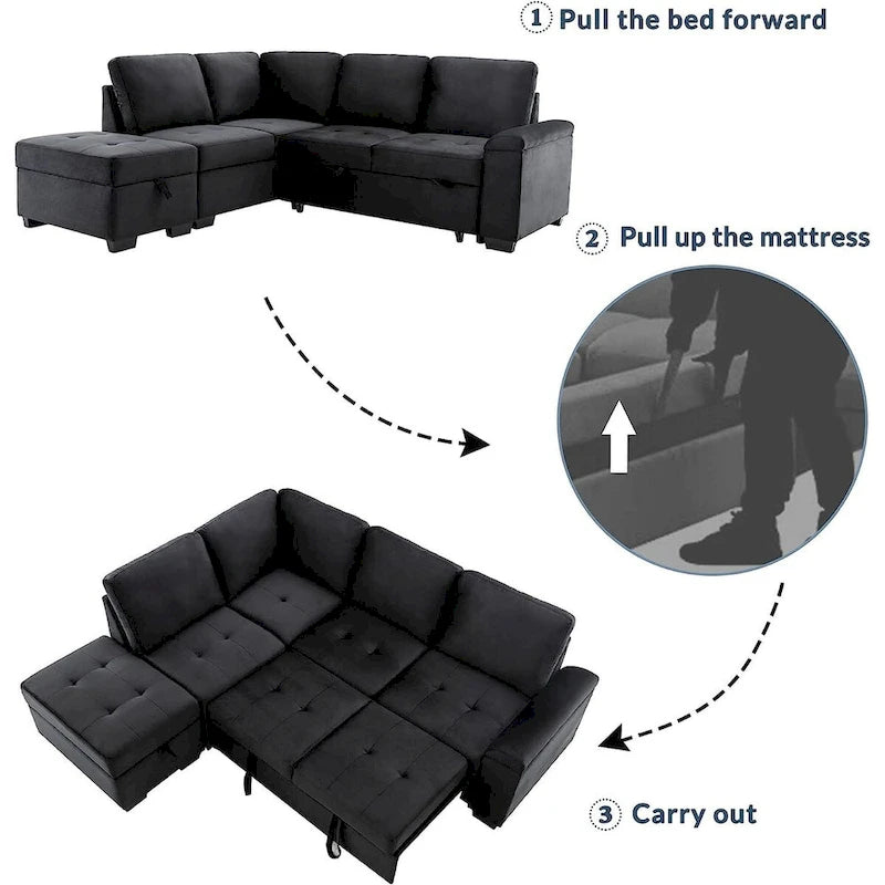 Divano Letto Sezionale in Velluto a L da 87.4 pollici, Divano Letto a 5 Posti con 2 Porte USB, Pouf Contenitore e Bracciolo con Vano Nascosto