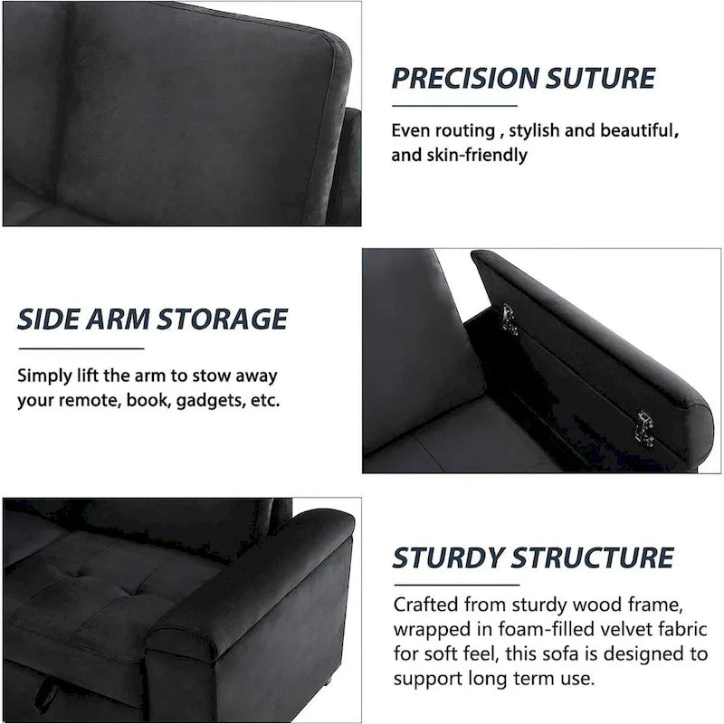 Divano Letto Sezionale in Velluto a L da 87.4 pollici, Divano Letto a 5 Posti con 2 Porte USB, Pouf Contenitore e Bracciolo con Vano Nascosto