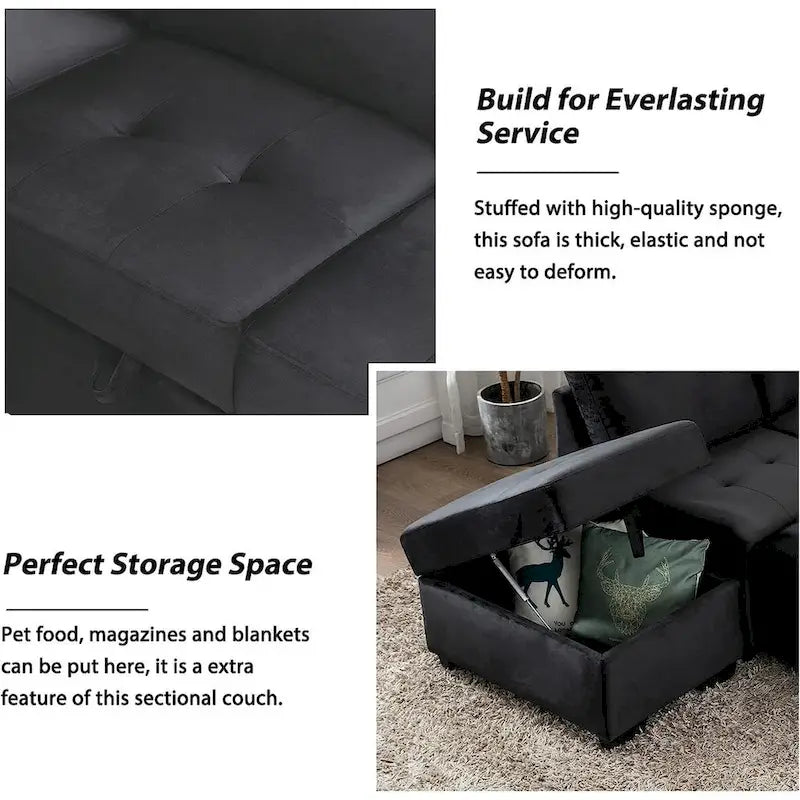 Divano Letto Sezionale in Velluto a L da 87.4 pollici, Divano Letto a 5 Posti con 2 Porte USB, Pouf Contenitore e Bracciolo con Vano Nascosto