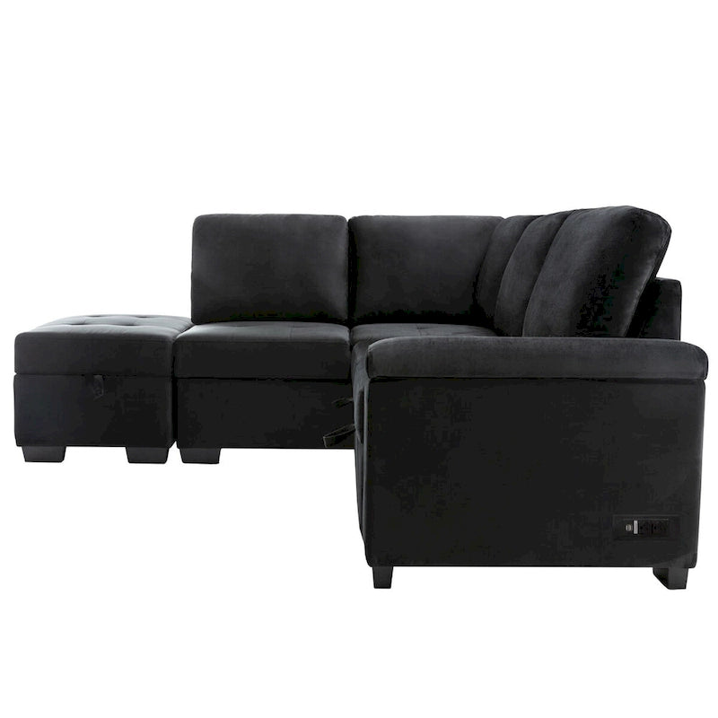 Divano Letto Sezionale in Velluto a L da 87.4 pollici, Divano Letto a 5 Posti con 2 Porte USB, Pouf Contenitore e Bracciolo con Vano Nascosto