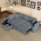 Divano Letto Sezionale in Velluto a L da 87.4 pollici, Divano Letto a 5 Posti con 2 Porte USB, Pouf Contenitore e Bracciolo con Vano Nascosto