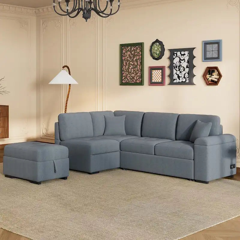 Divano Letto Sezionale in Velluto a L da 87.4 pollici, Divano Letto a 5 Posti con 2 Porte USB, Pouf Contenitore e Bracciolo con Vano Nascosto