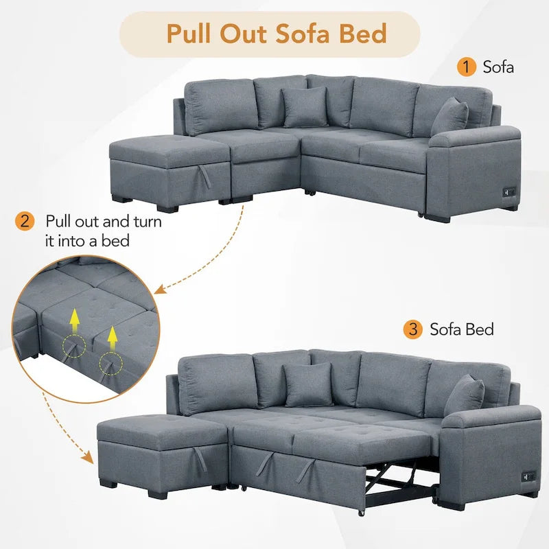 Divano Letto Sezionale in Velluto a L da 87.4 pollici, Divano Letto a 5 Posti con 2 Porte USB, Pouf Contenitore e Bracciolo con Vano Nascosto