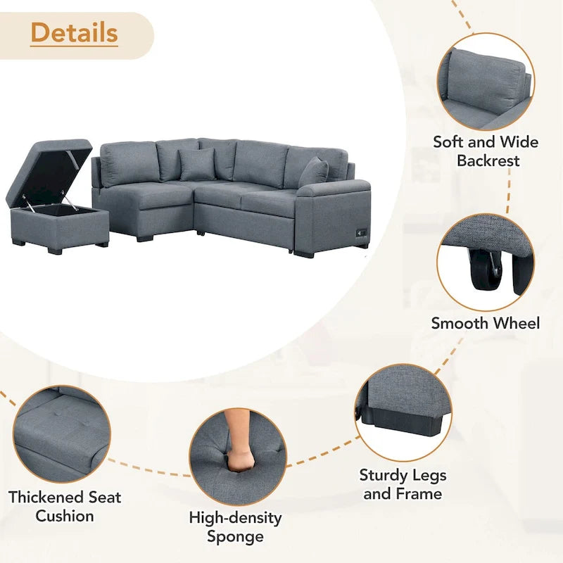 Divano Letto Sezionale in Velluto a L da 87.4 pollici, Divano Letto a 5 Posti con 2 Porte USB, Pouf Contenitore e Bracciolo con Vano Nascosto