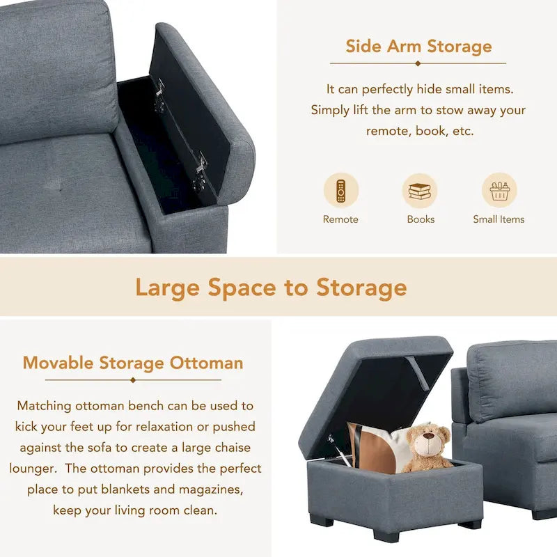 Divano Letto Sezionale in Velluto a L da 87.4 pollici, Divano Letto a 5 Posti con 2 Porte USB, Pouf Contenitore e Bracciolo con Vano Nascosto