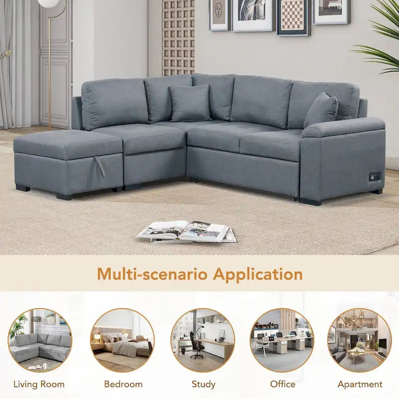Divano Letto Sezionale in Velluto a L da 87.4 pollici, Divano Letto a 5 Posti con 2 Porte USB, Pouf Contenitore e Bracciolo con Vano Nascosto