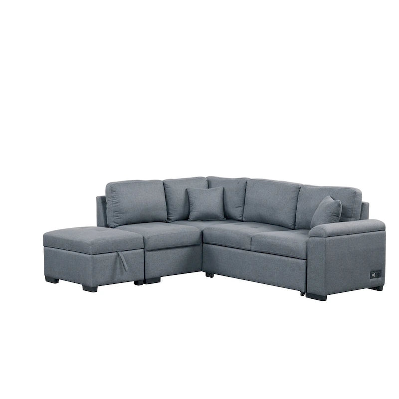 Divano Letto Sezionale in Velluto a L da 87.4 pollici, Divano Letto a 5 Posti con 2 Porte USB, Pouf Contenitore e Bracciolo con Vano Nascosto