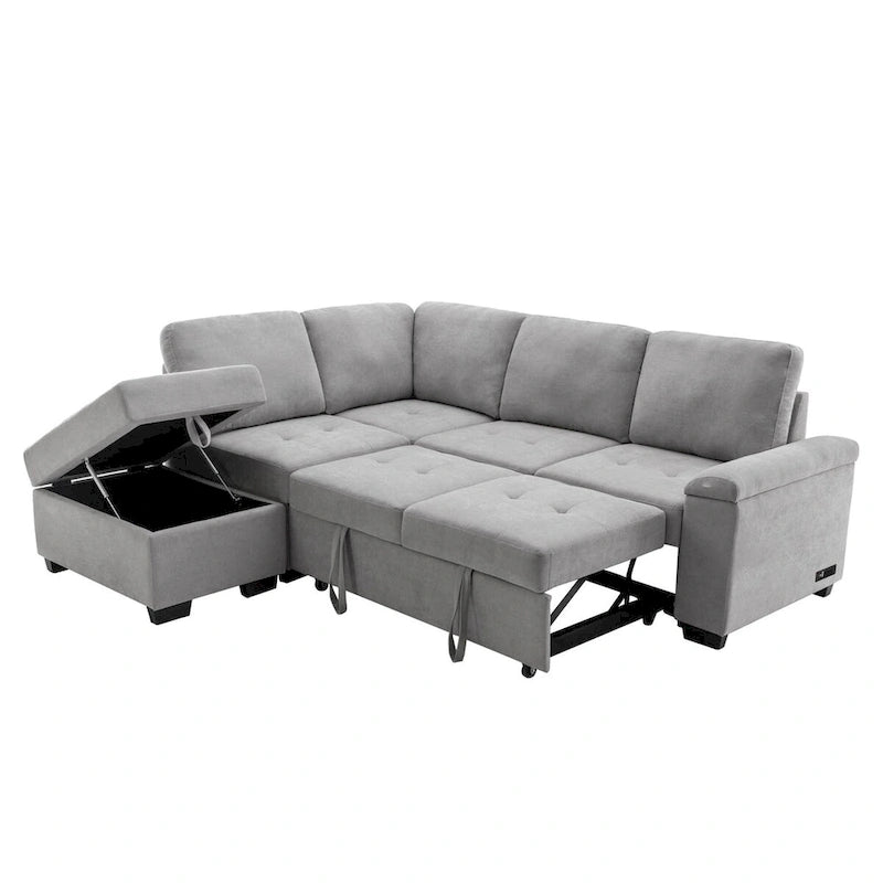 Divano Letto Sezionale in Velluto a L da 87.4 pollici, Divano Letto a 5 Posti con 2 Porte USB, Pouf Contenitore e Bracciolo con Vano Nascosto