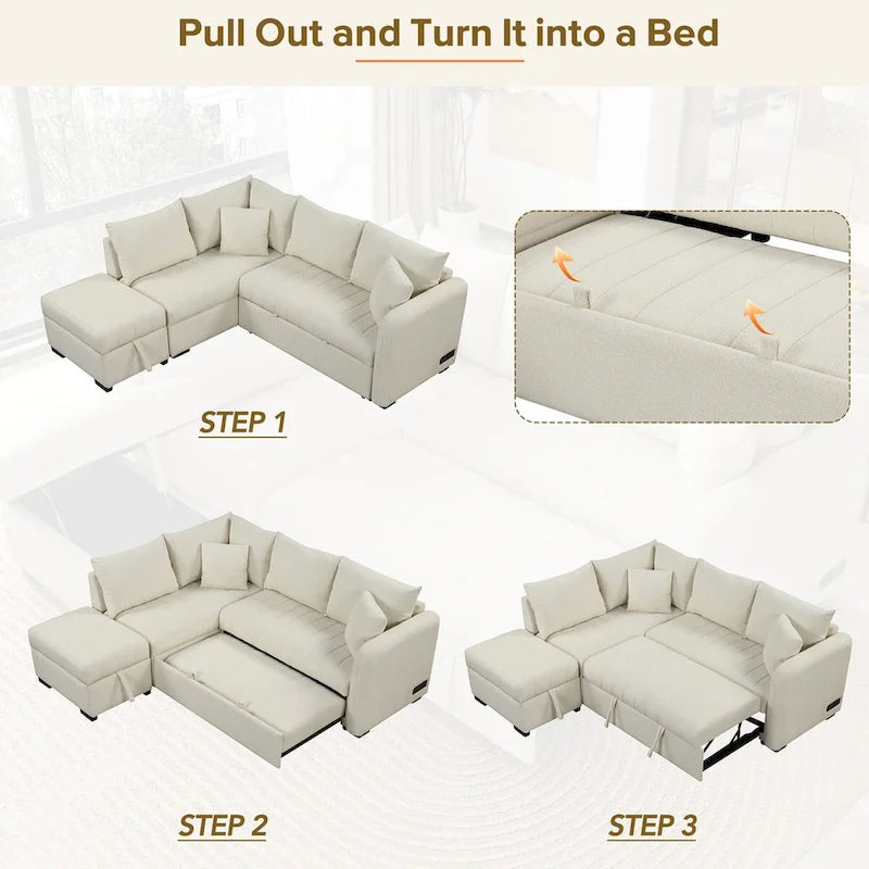 Divano Letto con penisola a L estraibile MERAX con Pouf Contenitore